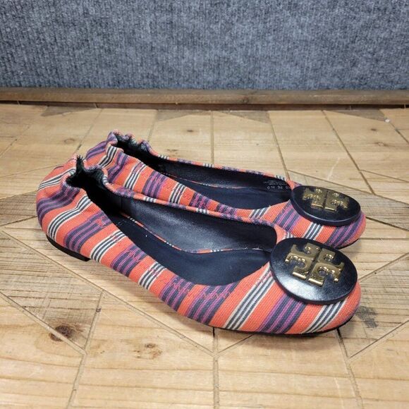 Tory Burch Reva Bauer 5.5M Ballet Flats Slip On Shoes Red Multi Stripe Canvas - Picture 1 of 11